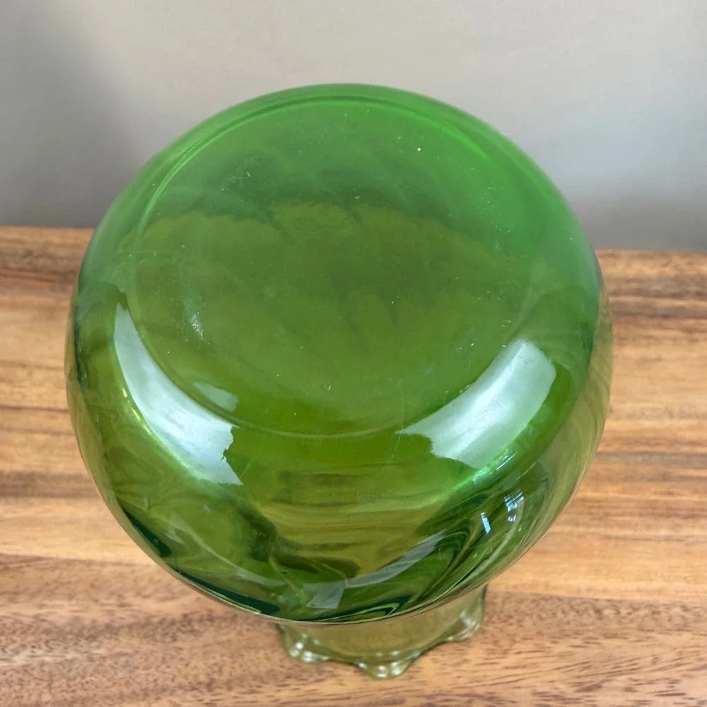 Vintage Green Spiral Optic Glass Vase Ruffled Rim Mid Century  7.5 Inch